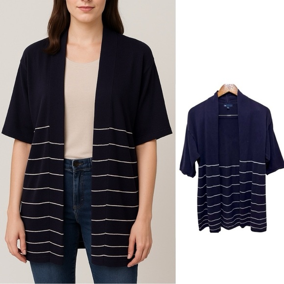 GAP Sweaters - 116 GAP | EUC Hong Kong White Navy Blue Striped Knit Open-Front Cardigan (Sz M)